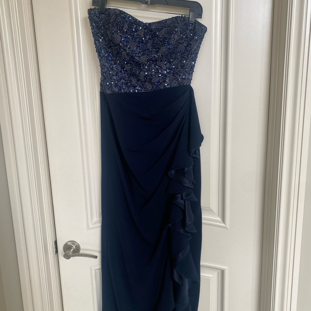 Badgley Mischka Blue Sequin Ruffle Gown - Size 6